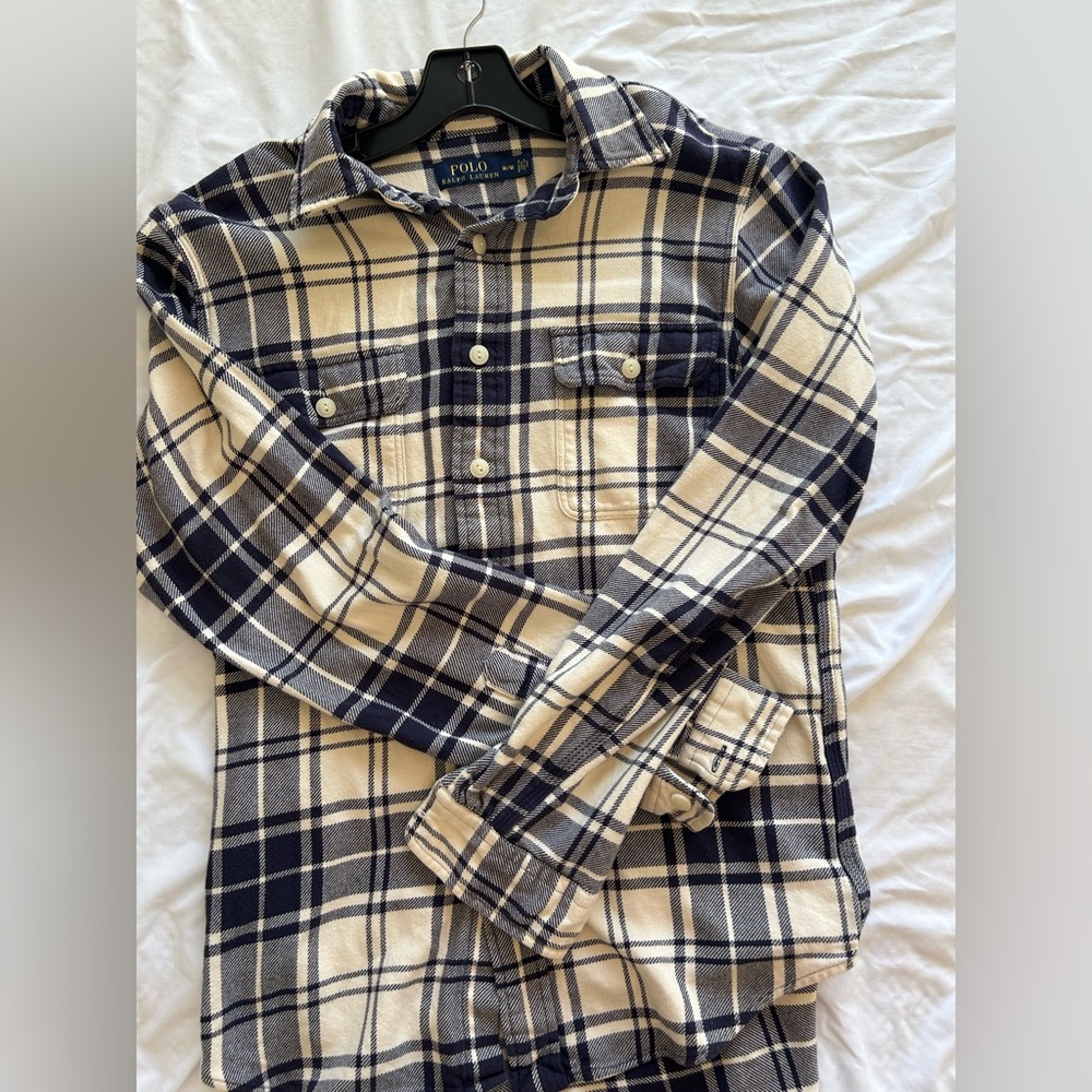 Ralph Lauren Men's Blue and Cream Checkered Shirt